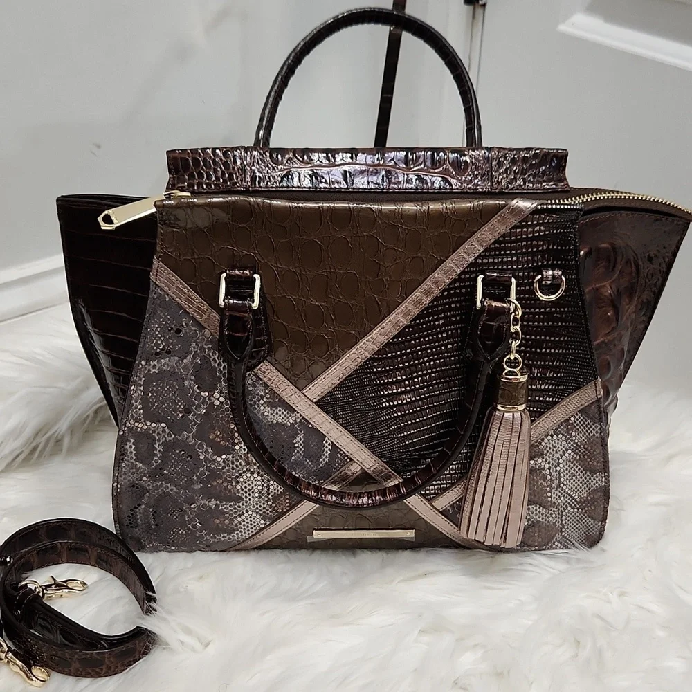 🔹️BRAHMIN🔹️RARE TAUPE Tempera PRISCILLA Satchel Croc Python Patchwork Leather - Picture 14 of 17